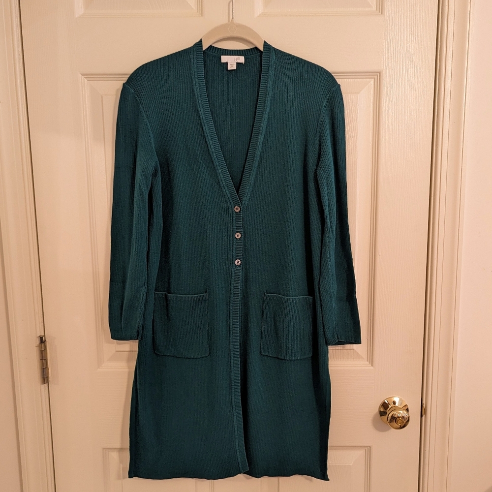 J. Jill Green Duster Length V-neck Cardigan with  Pockets XSP
